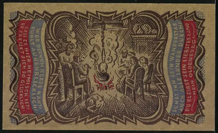 Notgeld Oldenburg 1921, 50 Pfennig, Wappen und Familie am offenen Feuer