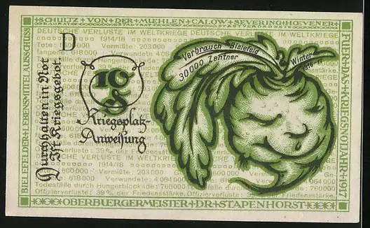 Notgeld Bielefeld 1919, 10 Pfennig, Rübenverbrauch im Winter 30000 Zentner