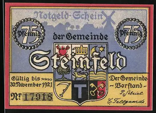 Notgeld Steinfeld 1921, 75 Pfennig, Wappen, Beschirm uns Gott vor Wohnungsnot !