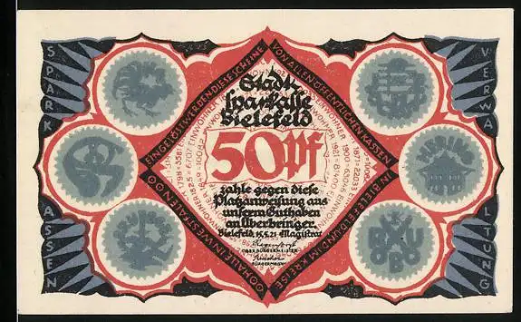 Notgeld Bielefeld 1921, 50 Pfennig, Neue Zeit von bielefeld-700 Jahrfeier