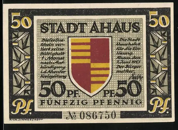 Notgeld Ahaus 1921, 50 Pfennig, Wappen, Schloss-Stammsitz der Familie Oldenkott