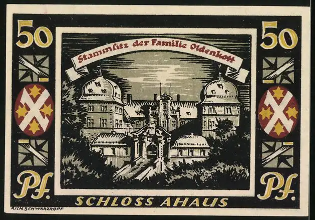 Notgeld Ahaus 1921, 50 Pfennig, Wappen, Schloss-Stammsitz der Familie Oldenkott