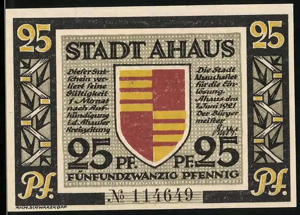 Notgeld Ahaus 1921, 25 Pfennig, Wappen, Standbild des Professors Dr. H. Landois