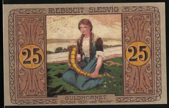 Notgeld Tondern 1920, 25 Pfennig, Guldhornet-Plebiscit Slesvig-Das Mädchen, das das goldene Horn findet