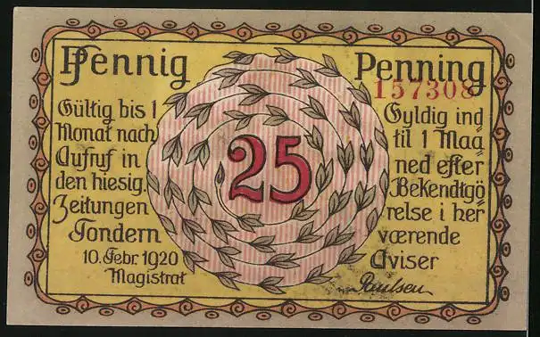 Notgeld Tondern 1920, 25 Pfennig, Guldhornet-Plebiscit Slesvig-Das Mädchen, das das goldene Horn findet