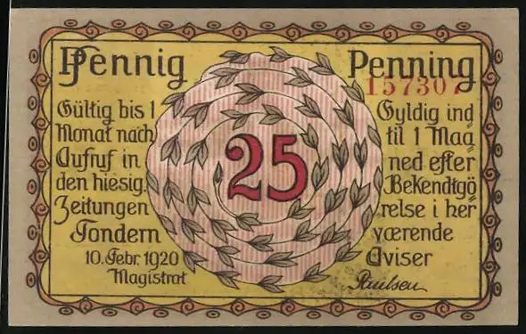 Notgeld Tondern 1920, 25 Pfennig, Guldhornet-Plebiscit Slesvig-Das Mädchen, das das goldene Horn findet
