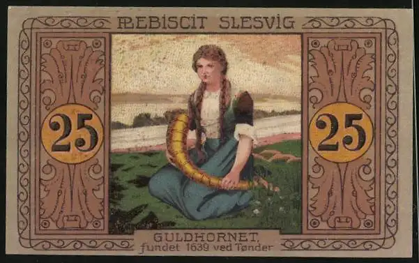 Notgeld Tondern 1920, 25 Pfennig, Guldhornet-Plebiscit Slesvig-Das Mädchen, das das goldene Horn findet