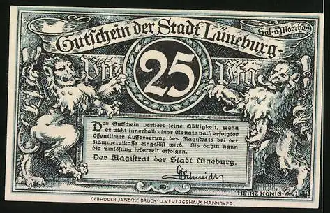 Notgeld Lüneburg, 25 Pfennig, Scütting und Sülfmeisterbrunnen