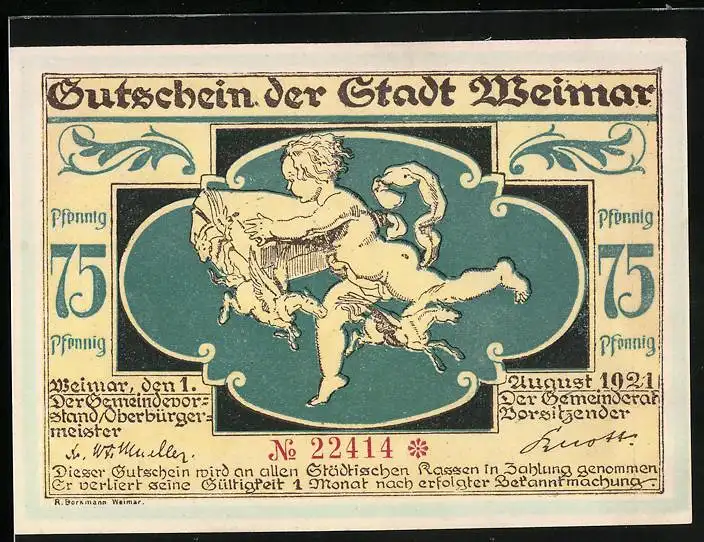 Notgeld Weimar 1921, 75 Pfennig, Junge bekämft Pferde mit Flügeln, Eingangen von Flüchtigen