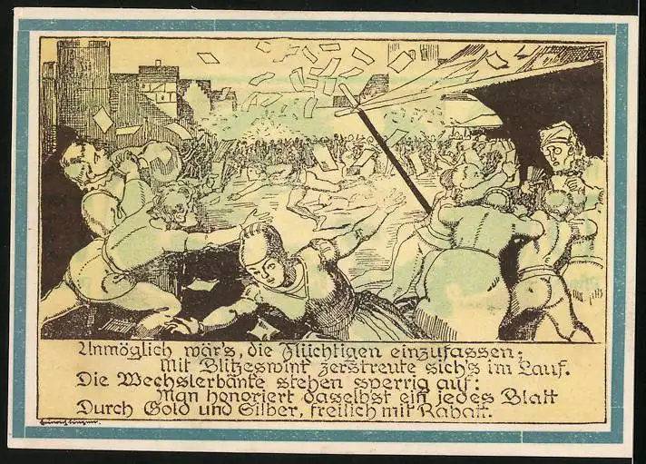 Notgeld Weimar 1921, 75 Pfennig, Junge bekämft Pferde mit Flügeln, Eingangen von Flüchtigen