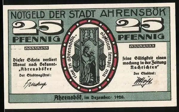 Notgeld Ahrensbök 1920, 25 Pfennig, Bildnis Maria mit Jesuskind, Blick zum Ort