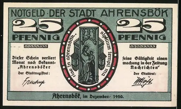 Notgeld Ahrensbök 1920, 25 Pfennig, Blick zum Ort, Bildnis Maria mit Jesuskind