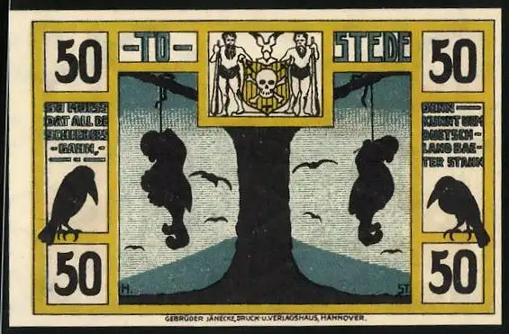 Notgeld Tostedt 1921, 50 Pfennig, zwei Männer hängen am Baum und Bauer mit Pferdefuhrwerk