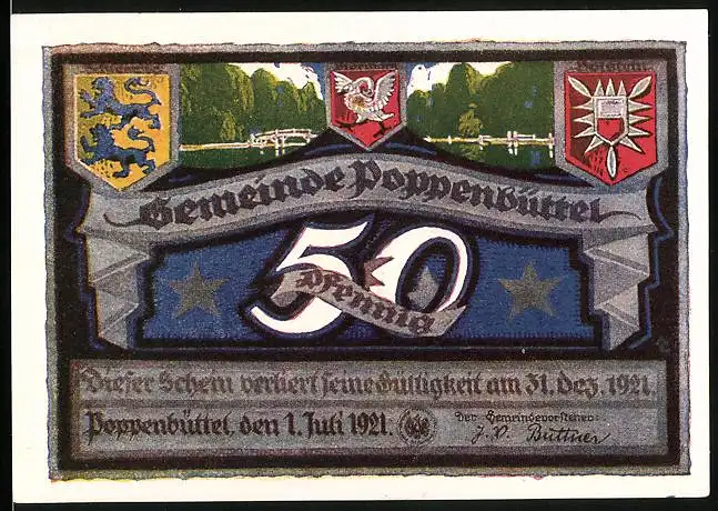 Notgeld Poppenbüttel 1921, 50 Pfennig, Wappen und Brücke über den Fluss