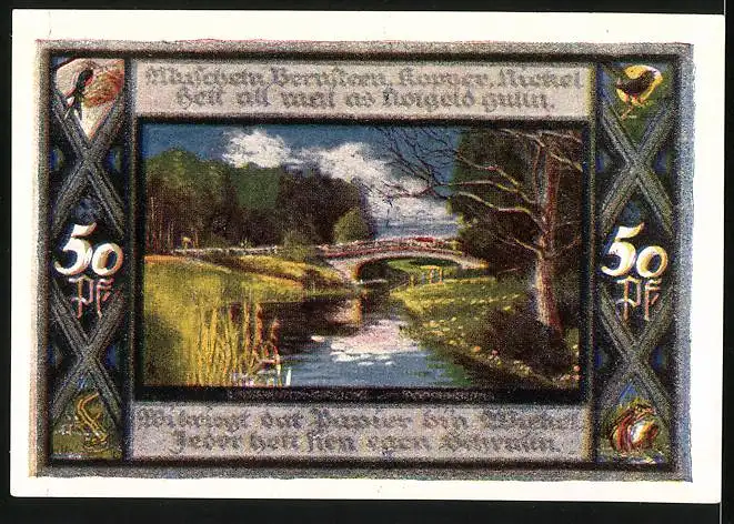 Notgeld Poppenbüttel 1921, 50 Pfennig, Wappen und Brücke über den Fluss