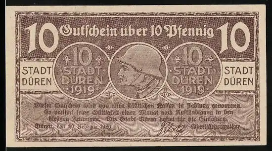 Notgeld Düren 1919, 10 Pfennig, Münzen mit Soldatenkopf und Turm