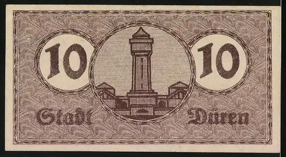 Notgeld Düren 1919, 10 Pfennig, Münzen mit Soldatenkopf und Turm
