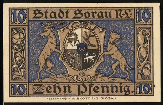 Notgeld Sorau n. L. 1921, 10 Pfennig, Die drei Getreuen, Wappen