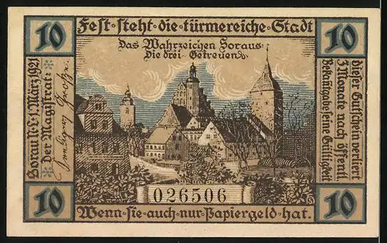 Notgeld Sorau n. L. 1921, 10 Pfennig, Die drei Getreuen, Wappen
