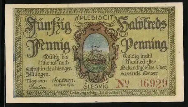 Notgeld Tondern 1920, 50 Pfennig, Plebiscit Slesvig, Bauer mit Kühen auf der Weide