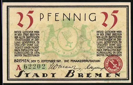 Notgeld Bremen 1921, 25 Pfennig, Wappen, alter Domshof