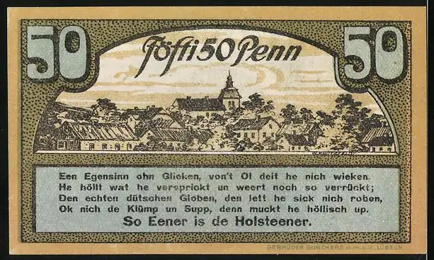 Notgeld Ahrensbök 1920, 50 Pfennig, Vogel am Baum und Ortsansicht