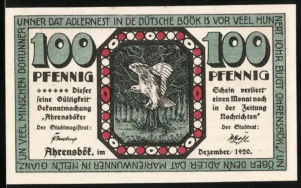 Notgeld Ahrensbök 1920, 100 Pfennig, Vogel am Baum und Ortsansicht mit Windmühle
