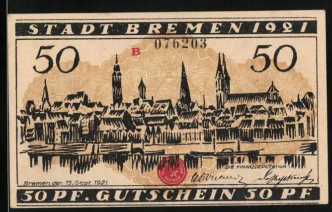 Notgeld Bremen 1921, 50 Pfennig, Stadtansicht und Arbeiter