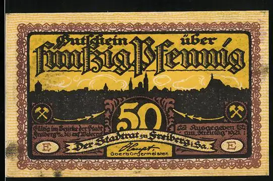 Notgeld Freiberg i. Sa. 1921, 50 Pfennig, Stadtansicht und Bergleute