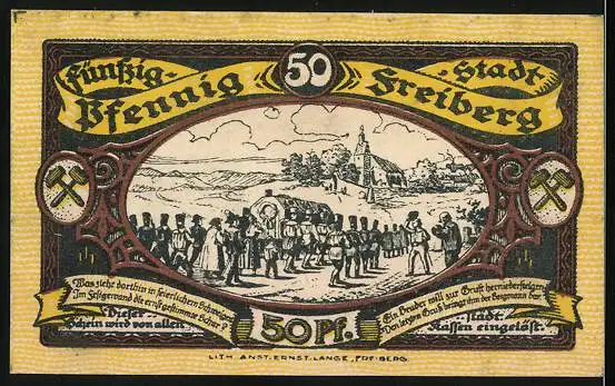 Notgeld Freiberg i. Sa. 1921, 50 Pfennig, Stadtansicht und Bergleute