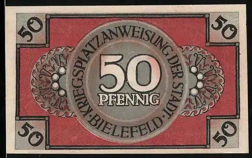 Notgeld Bielefeld 1918, 50 Pfennig, Schmied, Soldat in Uniform und Wappen