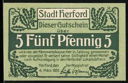 Notgeld Herford 1920, 5 Pfennig, Krieger zu Pferde