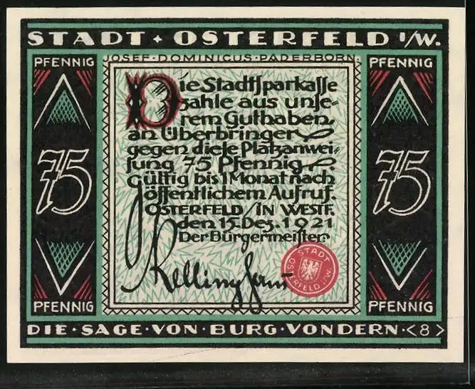 Notgeld Osterfeld i. W, 1921, 75 Pfennig, Die Sage von Burg Vondern