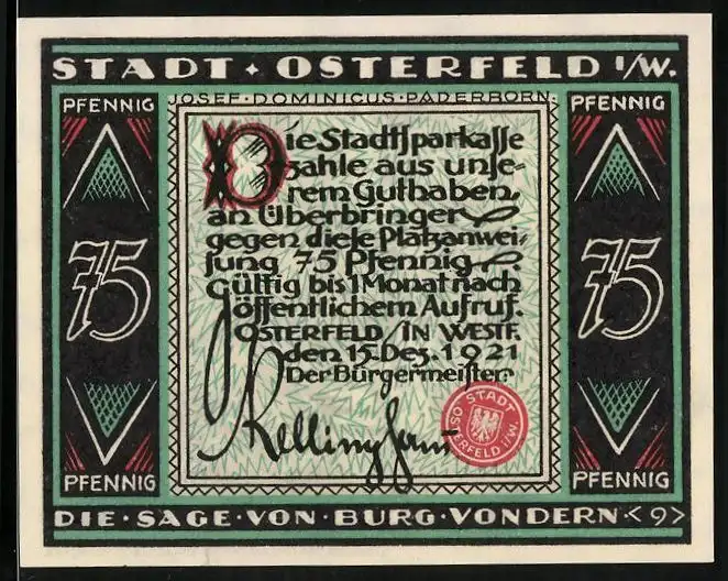 Notgeld Osterfeld i. W, 1921, 75 Pfennig, Die Sage von Burg Vondern