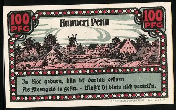 Notgeld Ahrensbök 1920, 100 Pfennig, Ortsansicht mit Windmühle, Vogel auf einem Baum