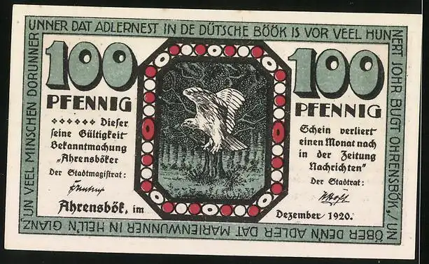 Notgeld Ahrensbök 1920, 100 Pfennig, Ortsansicht mit Windmühle, Vogel auf einem Baum