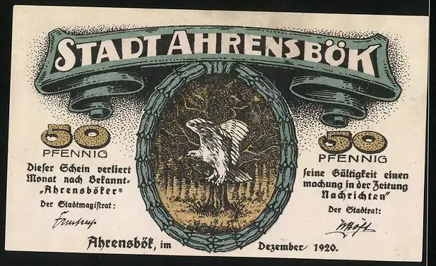 Notgeld Ahrensbök 1920, 50 Pfennig, Ortsansicht mit Kirche, Vogel auf einem Baum