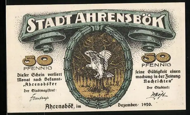 Notgeld Ahrensbök 1920, 50 Pfennig, Vogel auf einem Baum, Ortsansicht mit Kirche