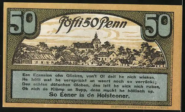 Notgeld Ahrensbök 1920, 50 Pfennig, Vogel auf einem Baum, Ortsansicht mit Kirche