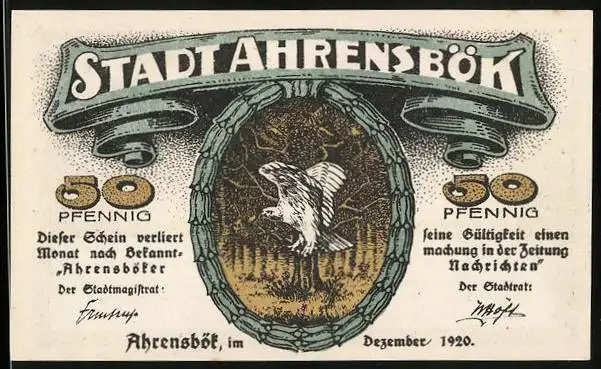 Notgeld Ahrensbök 1920, 50 Pfennig, Vogel auf einem Baum, Ortsansicht mit Kirche