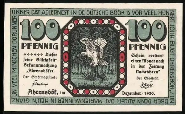 Notgeld Ahrensbök 1920, 100 Pfennig, Vogel auf einem Baum, Ortsansicht mit Windmühle