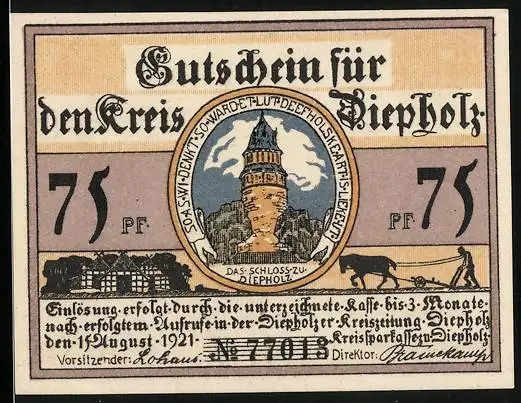 Notgeld Diepholz 1921, 75 Pfennig, Das Schloss und Bauer mit Schwein und Gans
