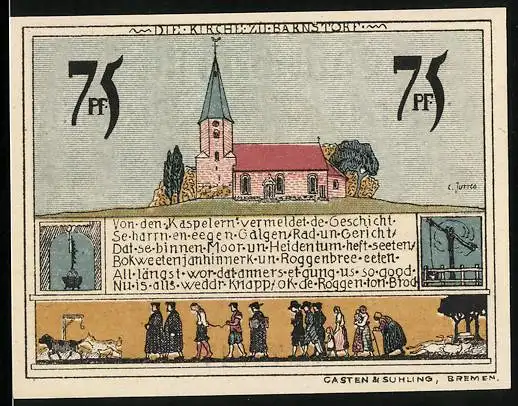 Notgeld Diepholz 1921, 75 Pfennig, Kirchgang zur Kirche und Wappen