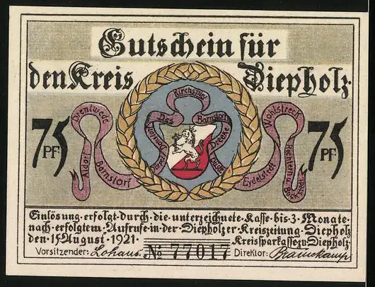 Notgeld Diepholz 1921, 75 Pfennig, Kirchgang zur Kirche und Wappen