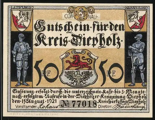 Notgeld Diepholz 1921, 50 Pfennig, zwei Ritter und Wappen, Stadt im Jahre 1621