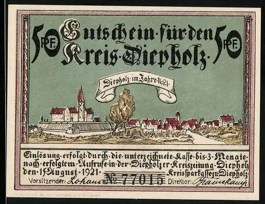 Notgeld Diepholz 1921, 50 Pfennig, Stadt im Jahre 1621, Auburg bei Wagenfeld im Jahre 1654