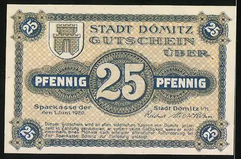 Notgeld Dömitz i. M. 1920, 25 Pfennig, Bastion und Spruch von Fritz Reuter