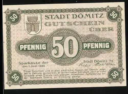 Notgeld Dömitz i. M. 1920, 50 Pfennig, Bastion und Spruch von Fritz Reuter