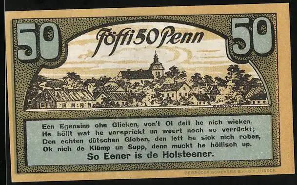 Notgeld Ahrensbök 1920, 50 Pfennig, Ortsansicht mit Kirche, Vogel auf einem Baum