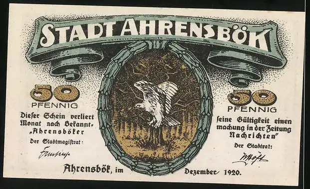 Notgeld Ahrensbök 1920, 50 Pfennig, Ortsansicht mit Kirche, Vogel auf einem Baum